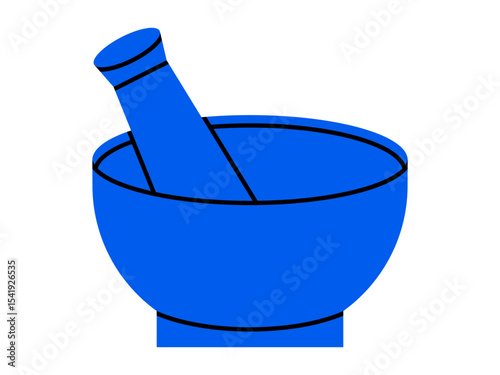 Hand drawn cute cartoon illustration of mortar and pestle. Flat vector medicinal grinding tool doodle. Kitchen utensil. Health care natural treatment sticker, icon. Alternative medicine. Isolated.