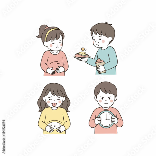 Simple Handdrawn Expression of Hunger Character Illustration with Time and Food