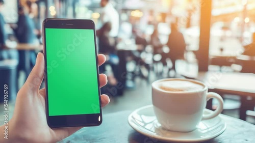 Smartphone with green screen in a cafe