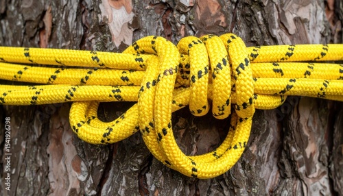 Close-up of a yellow climbing rope tied in a knot against a textured tree bark background