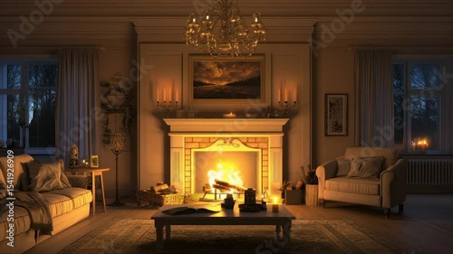 Cozy living room with fireplace, warm lighting, and comfortable seating