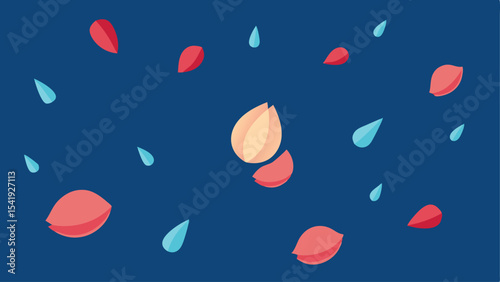 Abstract composition of petals and raindrop shapes on a deep blue background