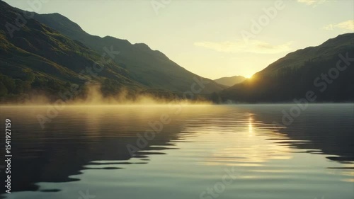 Serene sunrise over misty mountain lake