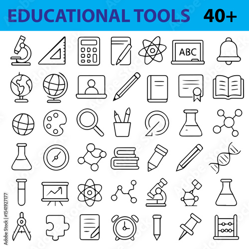 Educational Tools Line Icons Set,  Editable Vector Symbols for Learning, Teaching, Online Classes, and Academic Resources