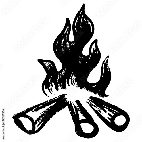 Artistic black and white linocut illustration of a campfire with three logs and stylized flames. Hand-drawn textured brush style perfect for camping, outdoor themes, and vintage woodcut designs.