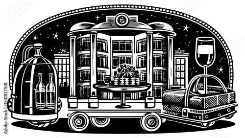 A Comprehensive Illustration Showcasing the Luxurious Amenities of a Grand Hotel  A Nighttime Scene Depicting Exquisite Wines, Elegant Transportation, and Opulent Architecture