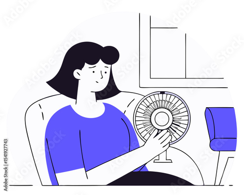 Woman Using Fan for Hot Flashes - Menopause Symptom Relief Vector Illustration