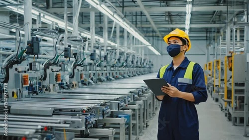 Factory Worker Inspecting Machinery Holding Tablet Device in Modern Plant