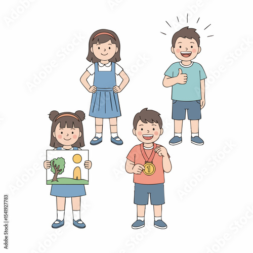 Simple Line Art Diverse Kids in Various Poses Illustration