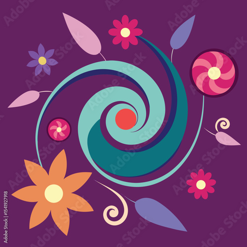 Abstract floral arrangement with swirls and decorative elements on a white background