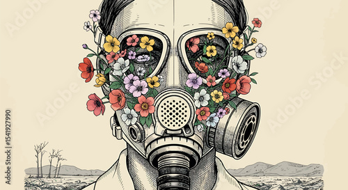 Gas Mask with Flowers Surreal Portrait Line Art