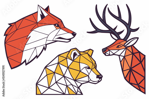 Geometric wildlife portraits fox bear deer