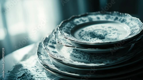 Stacked vintage porcelain plates with intricate blue floral patterns