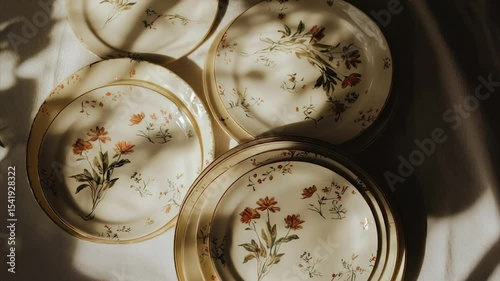 Stacked floral patterned dinner plates in warm lighting