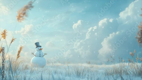 Frosty snowman in snowy field under a winter sky