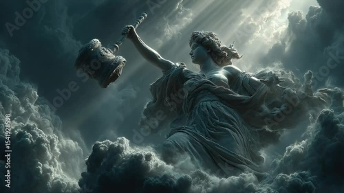 Ancient goddess with a gavel rises amidst stormy clouds and ethereal lighting in digital art