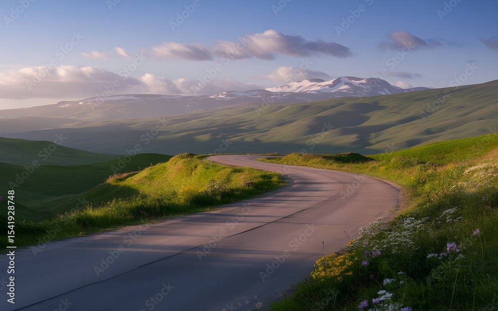Naklejka premium Scenic Vista: Winding Road Through Rolling Hills and Snow-Capped Mountains