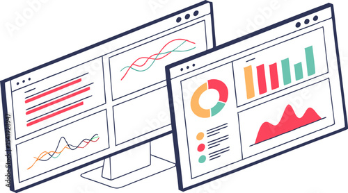 Two computer screens displaying various charts and graphs for data analysis and visualization purposes here