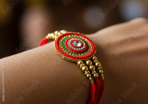 A close-up of a decorative rakhi bracelet on a wrist. The rakhi features vibrant red and green colors with intricate designs and golden beads. It symbolizes the Indian festival of Raksha Bandhan.
