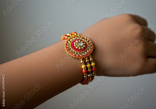 A close-up of a hand wearing a colorful rakhi bracelet. The bracelet features intricate designs with red and yellow beads, symbolizing the Indian festival of Raksha Bandhan.
