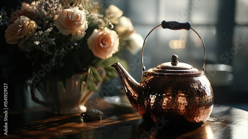 Sunlit copper teapot beside roses
