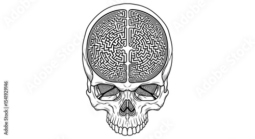 Labyrinth Inside a Skull Line Art