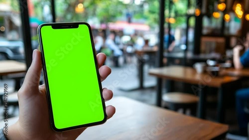 Smartphone with green screen in cafe setting.