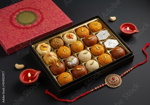 A festive Indian Rakhi celebration featuring a box of assorted sweets, traditional diya lamps, and a decorative Rakhi bracelet on a dark background.