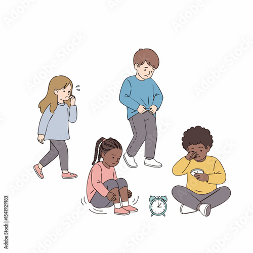 Flat Illustration Sad Children Feeling and Expression with Alarm Clock Concept