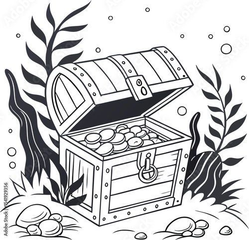 A vintage cartoon pirate treasure chest, overflowing with riches, depicted as a retro travel case vector illustration