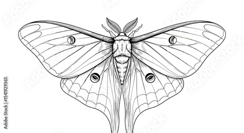 Symmetrical Luna Moth Detailed Line Art