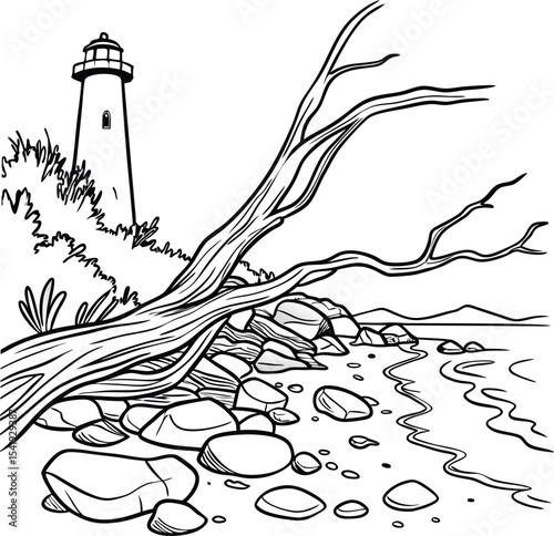 Here's a concise description combining your elements:

A lonely lighthouse stands silhouetted against a white background or a natural island landscape with a lone tree branch, captured in an artistic 