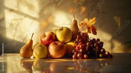 Autumnal still life of apples, pears, and grapes bathed in warm sunlight