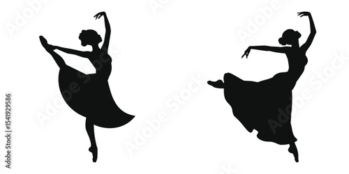 an woman in Slow fall dance pose, two black silhouettes of ballerinas executing graceful, dynamic poses.