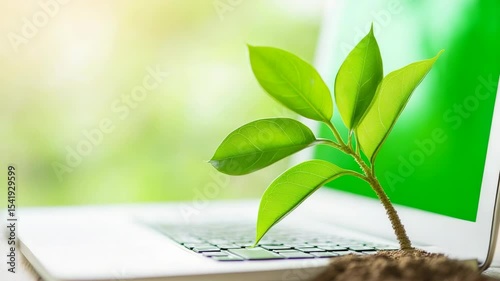 Young plant sprouting from soil on a laptop