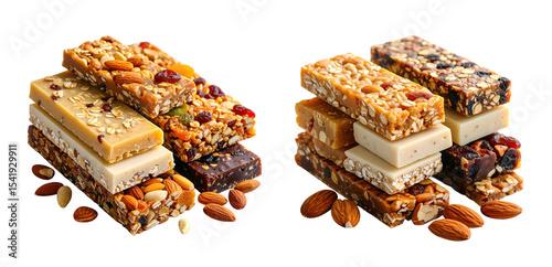 Stack of Assorted Protein Bars with Oats, Nuts, and Dried Fruits – Isolated on Transparent Background