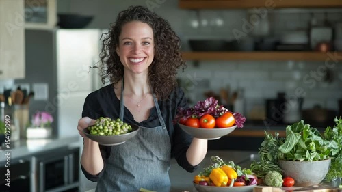 Happy woman in kitchen holding bowls of fresh vegetables