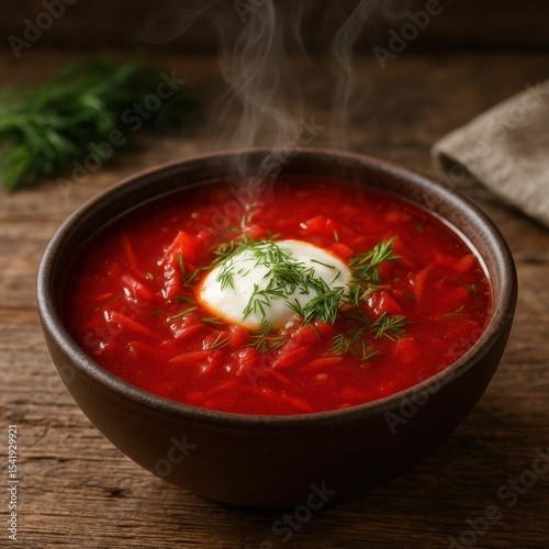 Closeup of a bowl of steaming red borscht topped with sour cream and fresh herbs on rustic wooden table