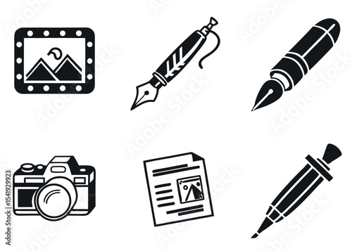 a-grid-of-twelve-simple--black-and-white-icons-rep Black and White Creative Tools Icon Set – Pen, Camera, Document, Dropper

