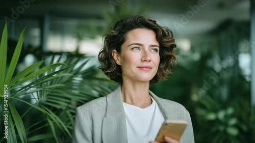 Confident businesswoman holding smartphone near window, looking away thoughtfully in soft natural light, modern office