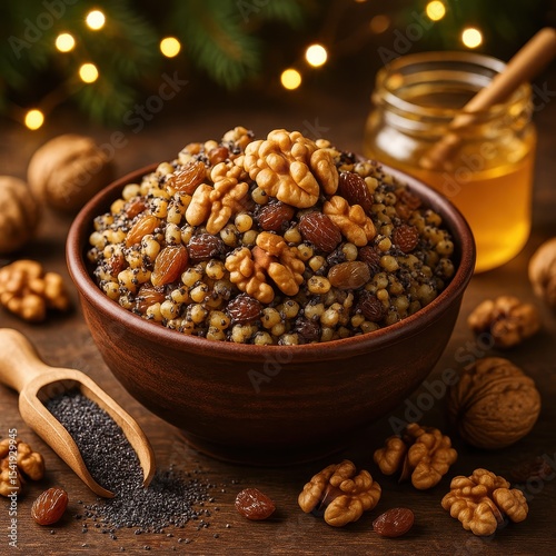 Kutia garnished with poppy seeds and nuts served in a ceramic bowl, a traditional Ukrainian dish for festive occasions