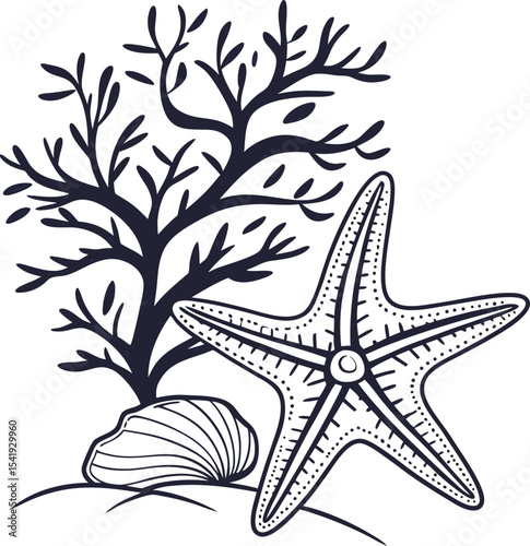 Starfish vector illustration with an abstract floral background of a tropical red sea creature on a white beach