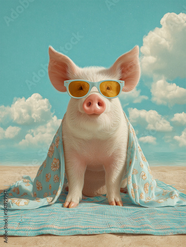 Pig enjoys blue light therapy with sunglasses on beach towel under sunny sky