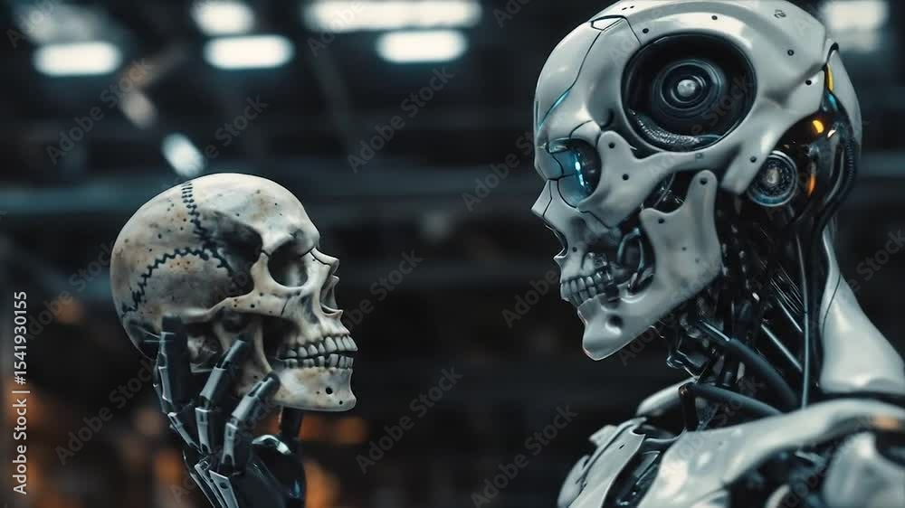 Robotic cyborg entity with AI holding and contemplating human skull. Artificial and organic intelligence together. Exploration of AGI consciousness in technological era and transhumanist philosophy