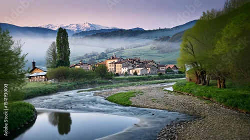 Misty Mountain Village River Scene at Sunrise
