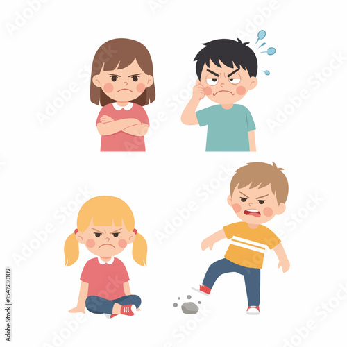 Cartoon Colorful Angry Kids Facial Expression Set Characters Illustration