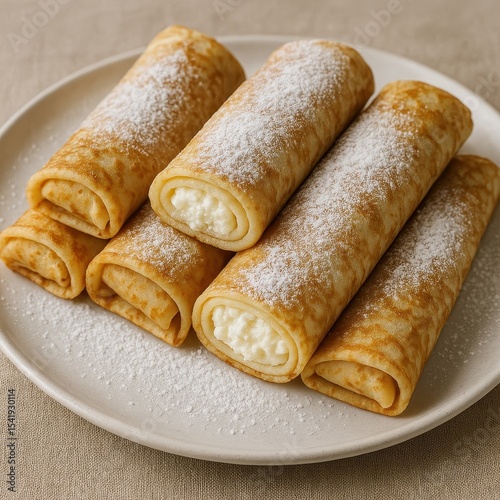 Ukrainian Nalisnyky crepes filled with sweet cheese served on a white plate