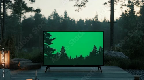 Flat screen television on a wooden deck in a forest setting.