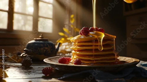 Golden syrup pours onto a stack of fluffy pancakes, topped with fresh raspberries, bathed in sunlight