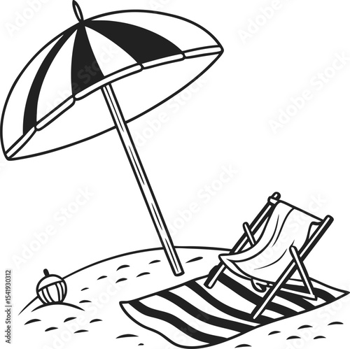 Tropical beach scene with a colorful beach chair and umbrella on the sand, perfect for summer vacation relaxation by the sea